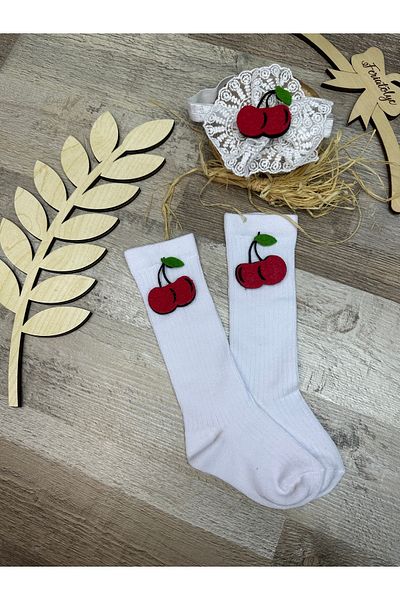 Feriatolye Cherry Figured White Lace Headband and White Cherry Concept Baby Girl Knee Socks