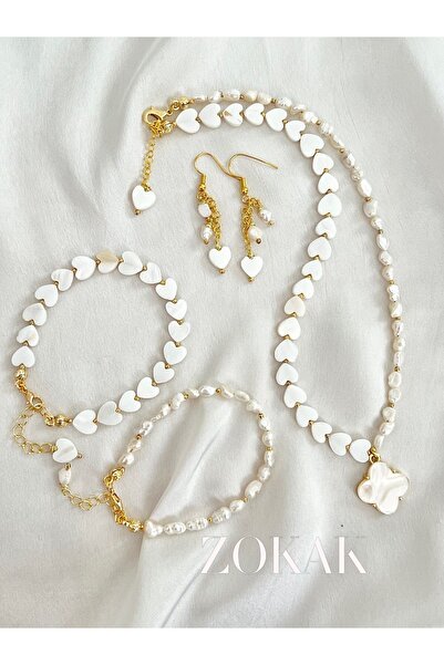 Zokak Sertifikalı Doğal Taş Gerçek Inci Set, Gerçek Sedef Taşı Set, Inci Kolye, Inci Bileklik, Inci Küpe