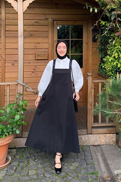 Ceylan Otantik تنورة كتان سوداء وقميص قصير بياقة كلاسيكية بيضاء