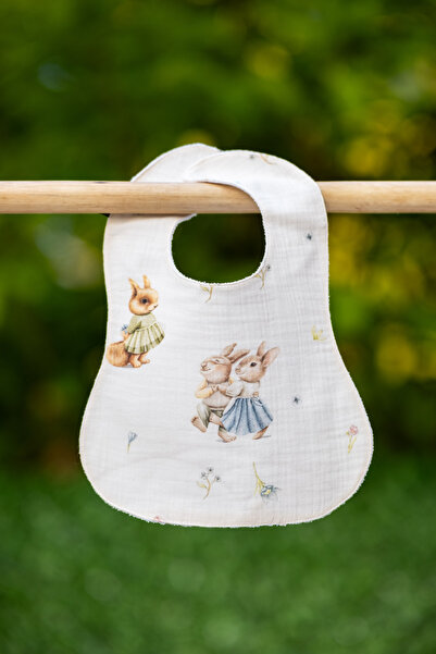 Ardbaby Organik Pamuk Alezli Çift Katlı Tavşan Desen Sıvı Geçirmez Müslin Önlük