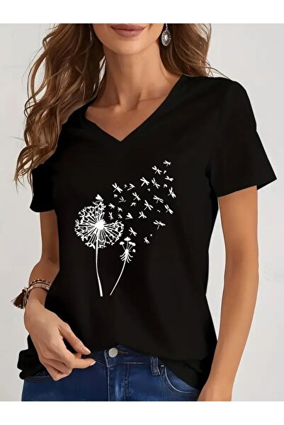 Deocept Kadın  Baskılı Kadın Oversize V Yaka T-shirt Salaş