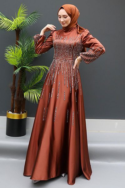 GİZ AGİYİM Βραδινό φόρεμα Aysu Hijab με πέτρινη λεπτομέρεια - Μαύρισμα