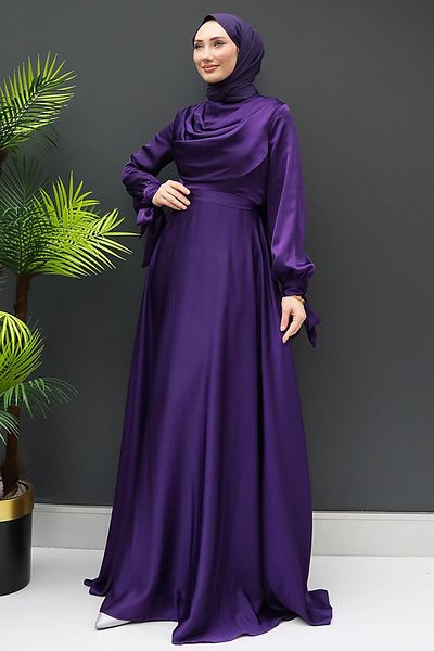 GİZ AGİYİM Βραδινό φόρεμα Dark Purple Degaje - Μανίκι δεμένο