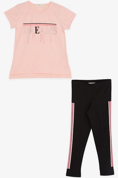 Breeze Stoned Text Printed Tights Set for 5-10 Years Old Girl - Salmon