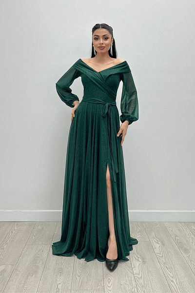 giyimmasalı Glittery Tulle Dress - Lace-up and Sleeve Belted, EMERAL GREEN