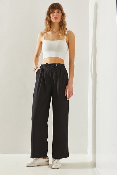 Bianco Lucci Women's Palazzo Trousers with Eyelet Detail - Elastic Waist Tie60251233