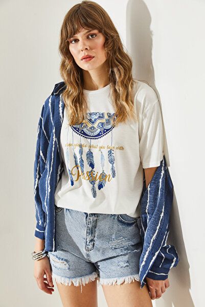 Bianco Lucci Ethnic Patterned Women's Combed Cotton T-Shirt -60251209