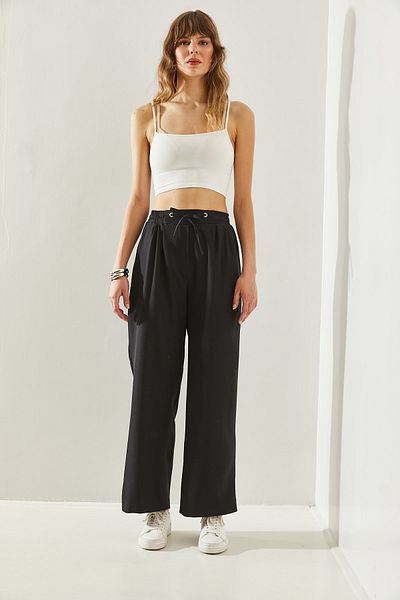 Bianco Lucci Women's Palazzo Trousers with Eyelet Detail - Elastic Waist Tie60251233