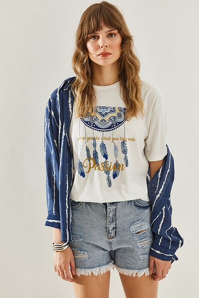 Bianco Lucci Ethnic Patterned Women's Combed Cotton T-Shirt -60251209