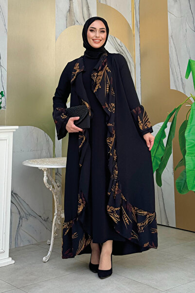 Bym Fashion Μαύρο λουλουδάτο μοτίβο Frilly Abaya - 7908
