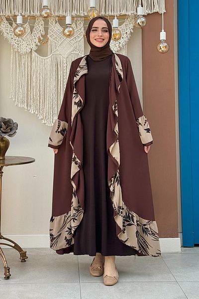 Bym Fashion 7908 Модел Кафява Абая - Флорален десен и волани