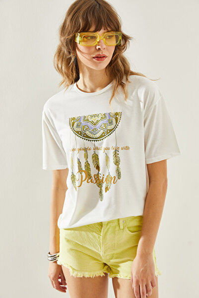 Bianco Lucci Ethnic Patterned Women's Combed Cotton T-Shirt -60251209