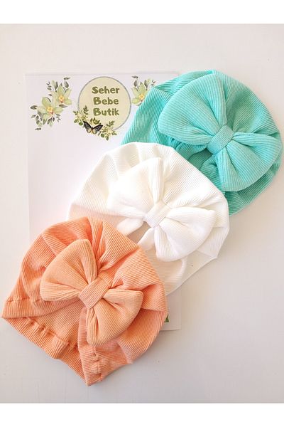 SeherBebeButik Baby Girl and Children's Bonnet with Colorful Bow - Set of 3