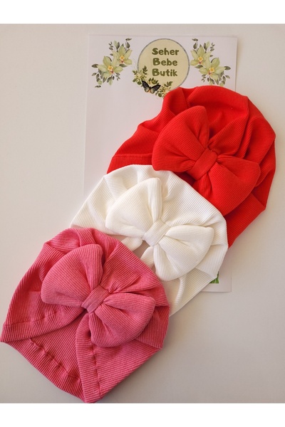 SeherBebeButik Kız Bebek & Çocuk Renkli Fiyonklu Bone 3'Lü Set