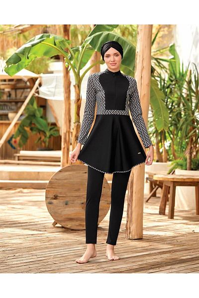 ZF BUTİK Costum de baie ZF negru cu dungi albe - Hijab complet acoperit cu Lycra, fermoar