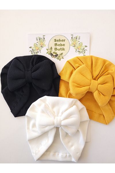 SeherBebeButik Baby Girl and Children's Bonnet with Colorful Bow - Set of 3