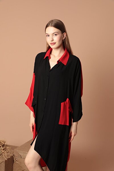 lovebox Red Midi Shirt Dress - New Season, Viscose Fabric, Pocket Detail