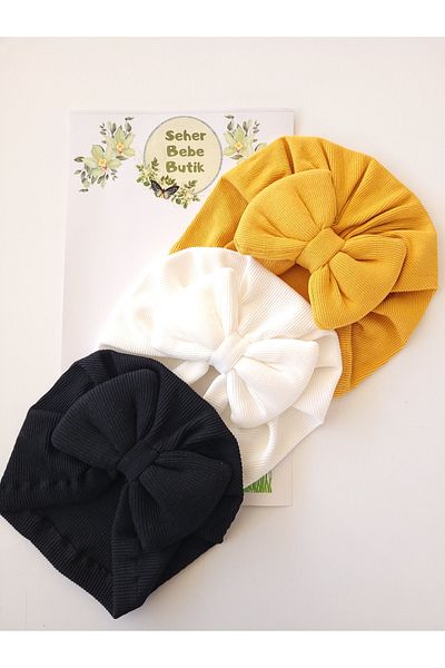 SeherBebeButik Baby Girl and Children's Bonnet with Colorful Bow - Set of 3