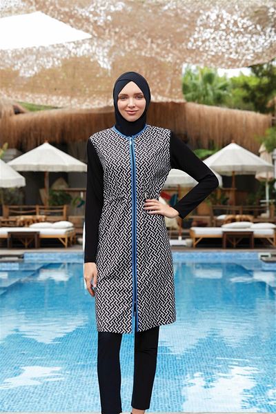 ZF BUTİK Costum de baie cu hijab cu dungi - Acoperit complet, design frontal cu fermoar