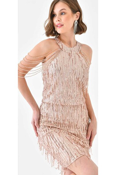 hilaltrendd Halter yaka taş tasarımlı saçaklı pul payet mini elbise