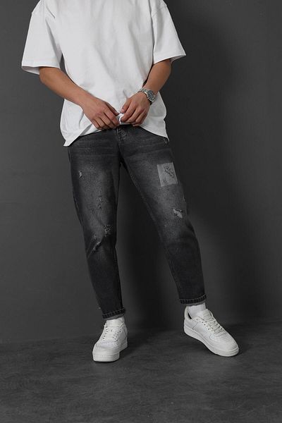 Slatra Men's Boyfriend Jeans - Anthracite, Stone Detailed, Ripped Burning