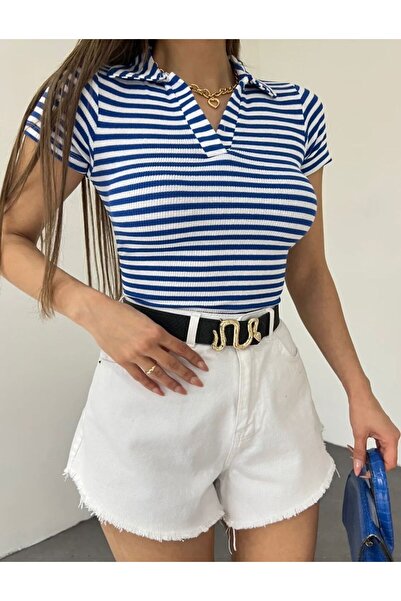 Nisa Luxury Boutique Kadın Polo Yaka Çizgili Kaşkorse Crop Bluz
