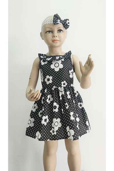 minikiss Rochie pentru fetiță, cu imprimeu floral, cu fundă cu buline, guler bandanali și detaliu cu volan