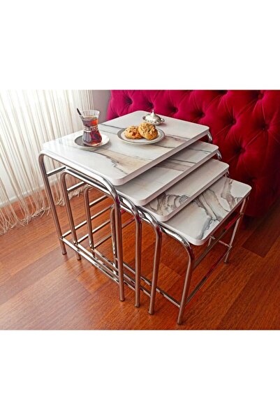 GÜVENÇ 4'lü Zigon Sehpa Nikelaj Kaplama Metal Ayaklı Karışık Beyaz Mermer Desen