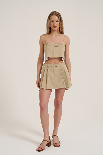 Quzu Kumaş Matchli Pileli Mini Etek Taş