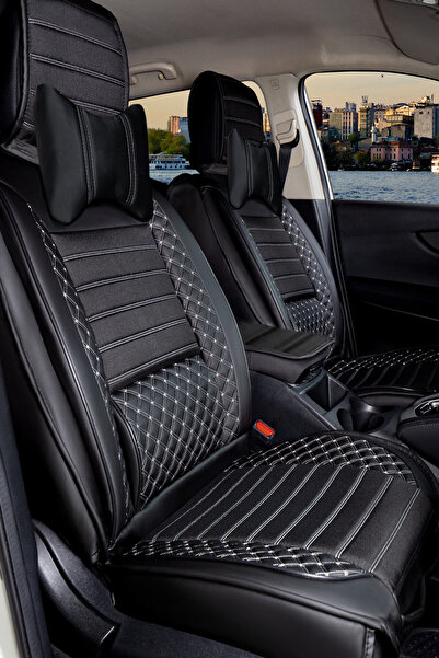 PlusOto جيلي إمجراند متوافق مع سلسلة لوكس - غطاء مقعد سيارة من الجلد باللونين الأسود والأبيض، مجموعة من 5 قطع