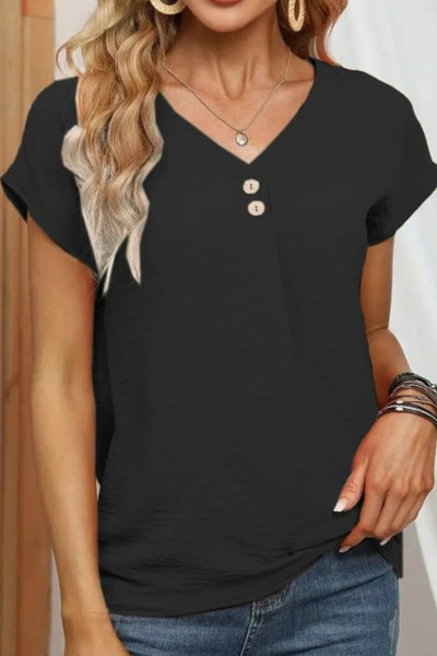 ESSFASIHON Bluză Aerobin cu decolteu în V - mâneci scurte și nasturi în față