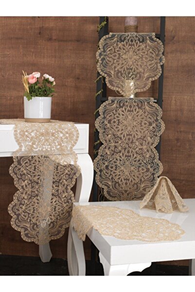 Tropikhome Amerikan Servis Runner Ve Peçete Salon Takımı 5 Parça Çeyiz Seti Bej Nakışlı Salon Seti