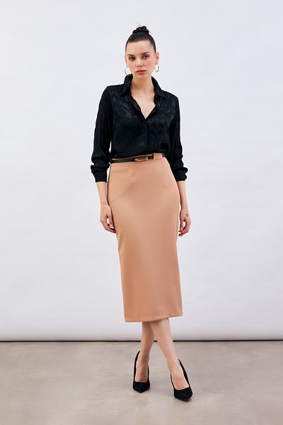 Sateen Fusta creion cu curea Camel Midi