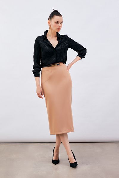 Sateen Fusta creion cu curea Camel Midi