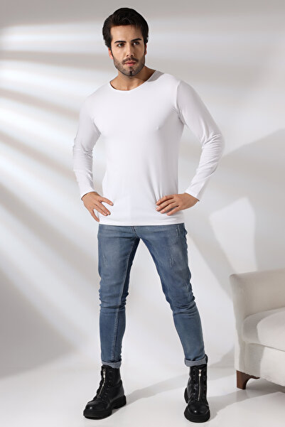 RUN RUN Compact Penye Likralı Regular Fit Uzun Kol Pis V Yaka T-shirt 19698 B...