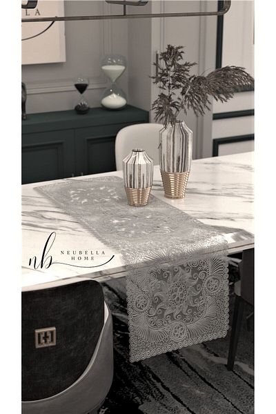 CAMİNHO DA LUA Placemat Special Embroidery Design Runner Swirl Table and Presentation Set Dowry Holder Gray