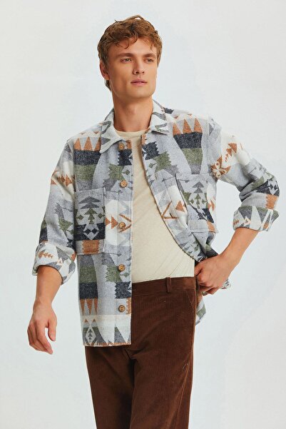 Clandestino Χειμερινό ανδρικό πουκάμισο με έθνικ σχέδιο καφέ
