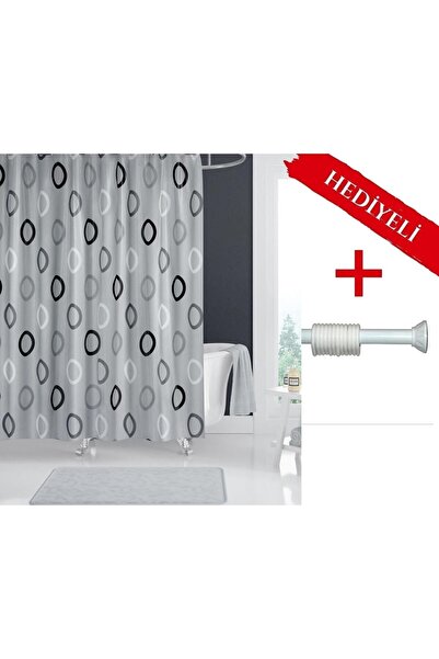 Tropikhome Polyester Kumaş Geometrik Desen Gri Banyo Perdesi Askı Aparatı Hediyeli C-halkalı Duş Perdesi