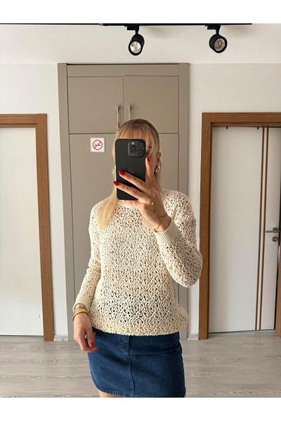 Flow Cream Colored Stone Embroidered Knitwear Blouse