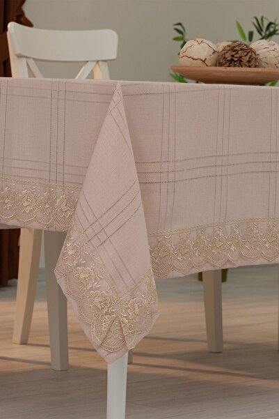 Tropikhome Dantelli Keten Efektli Leke Tutmaz Lüks Masa Örtüsü 160x220 Cm Bej