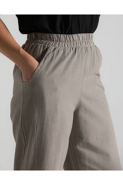 RUBYSTARS Mink Thick Elastic Waist Comfortable Cut 100% Cotton Linen Look Trousers with Leg Detail