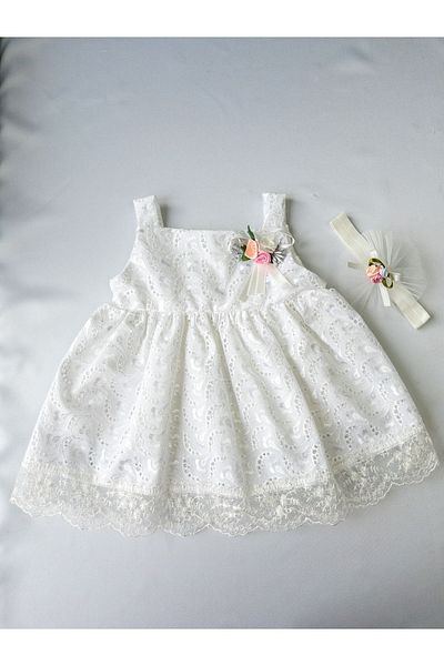 Luludy Kids White Flower Detailed Baby Girl Dress