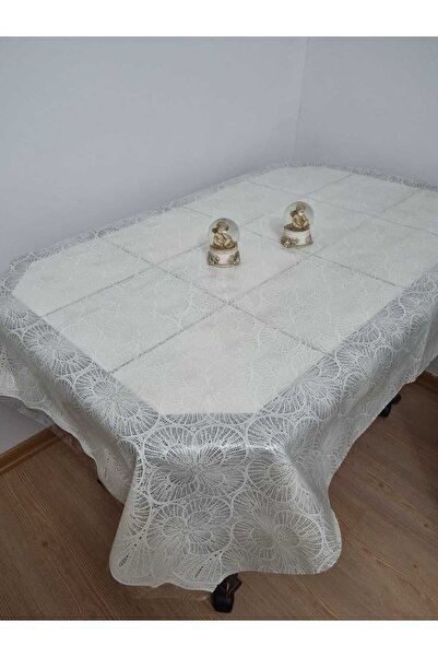 CLK Home Dantel Görünümlü Krem Pvc Şeffaf Kaplama Silinebilir Masa Örtüsü