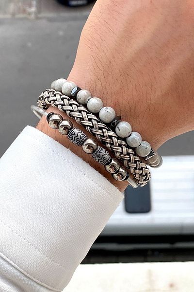 TAKIPORT 3-Piece Braid Design and Natural Stone Men's Bracelet Combination