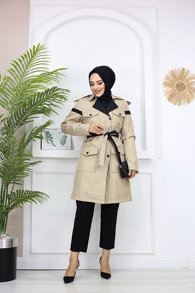 PİNK FLY Double Breasted Collar Double Color Belted Fleto Pocket Women's Hijab Trench Coat