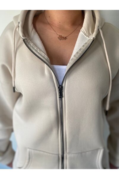 BEES Butikk 3 Iplik Şardonlu Fermuarlı Sweatshirt Bej