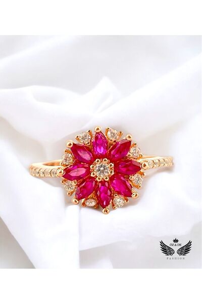 ÖZDE 925 Ayar Ruby Zirkon Taşlı Lotus Çiçeği Yüzük