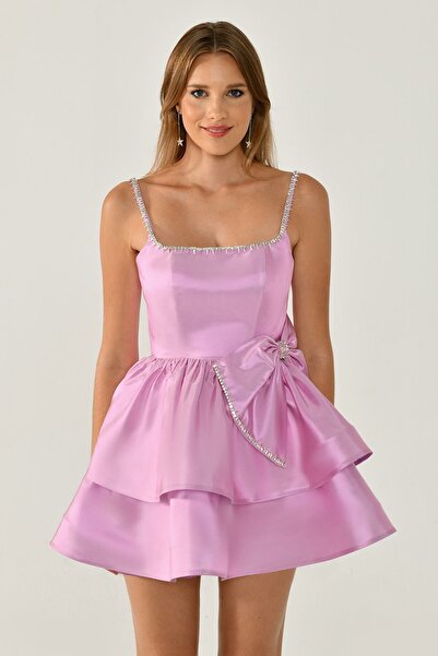 ALFABETA Kadın Mini Boy Desenli İp Askılıklı Şifon Kumaş Pembe Abiye & Mezuniyet Elbisesi AB6572-PEMBE