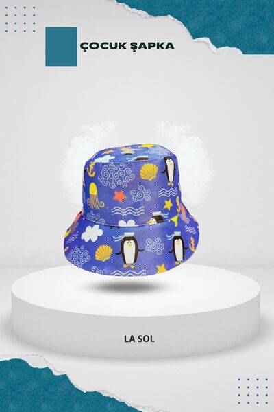 La Sol Çocuk Şapka Desenli Unısex Bucket Kova Balıkçı Mavi Penguen