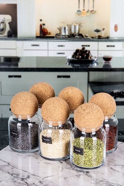 Lizzy 6-Piece Mushroom Ball Spice Jar Set with Wooden Lid Spice Label Glass Jar Set Storage Container 300ml
